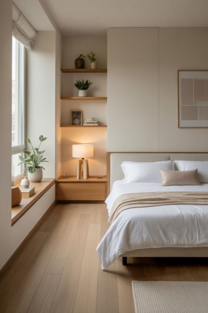 Minimalist pine bedroom with cozy textiles.