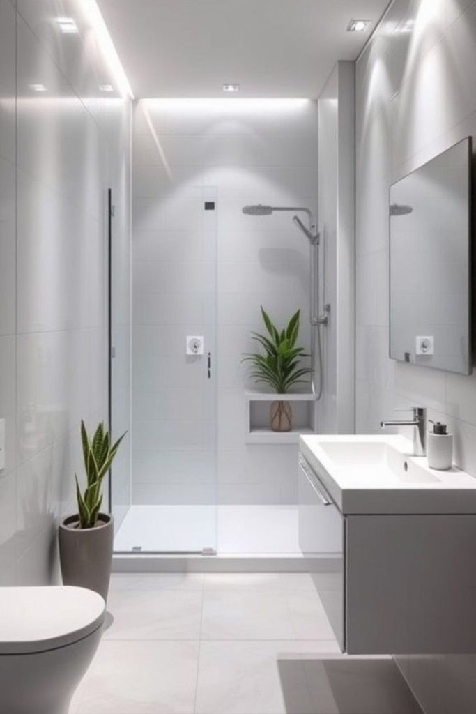 Minimalist white modern ensuite bathroom.
