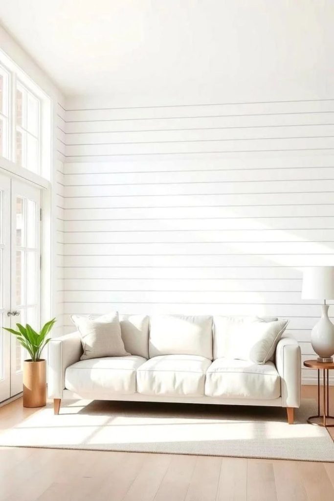Minimalist white shiplap wall with decor.