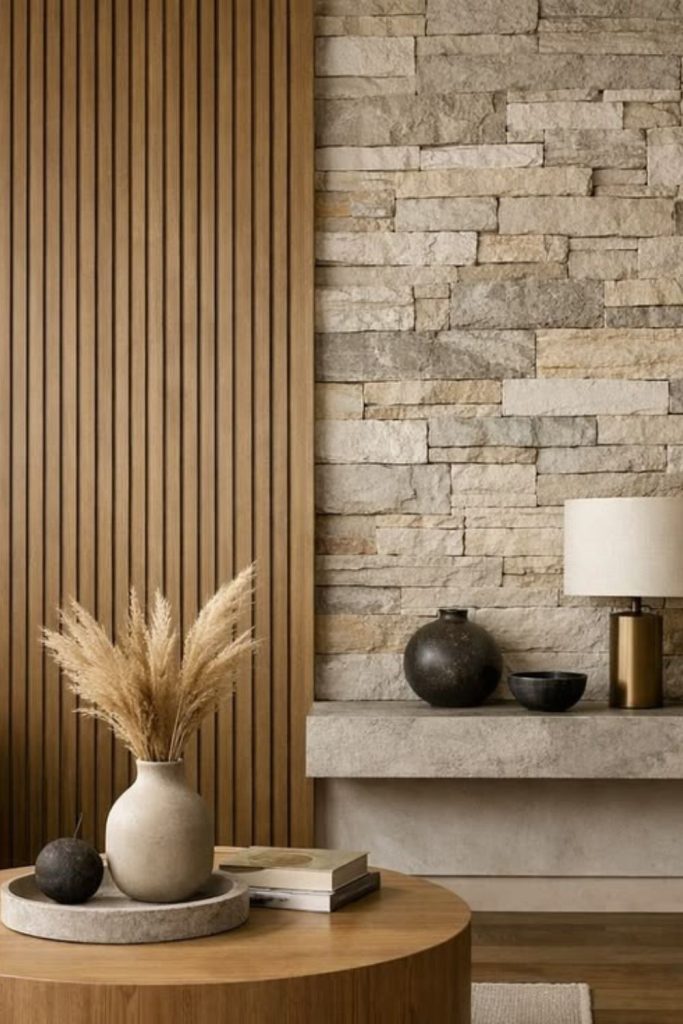 Mixed texture gallery wall paneling.