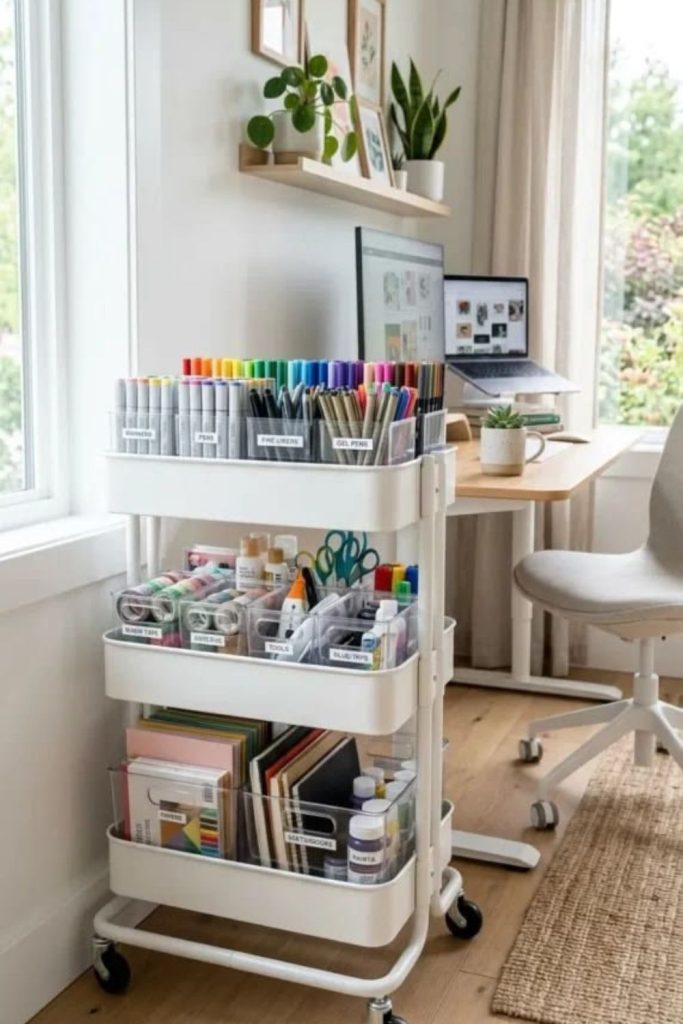 Mobile craft cart room with storage.