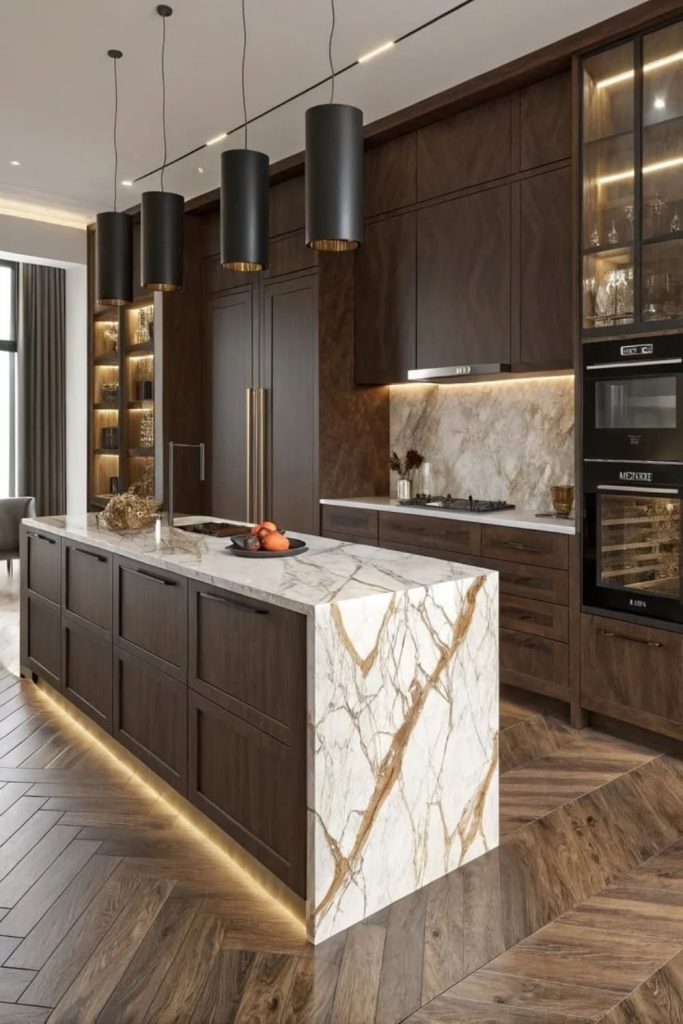 Mocha cabinetry with marble countertops