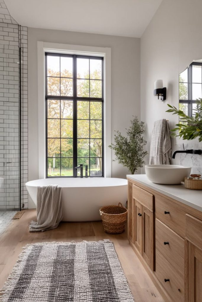 Modern black window ensuite bathroom.