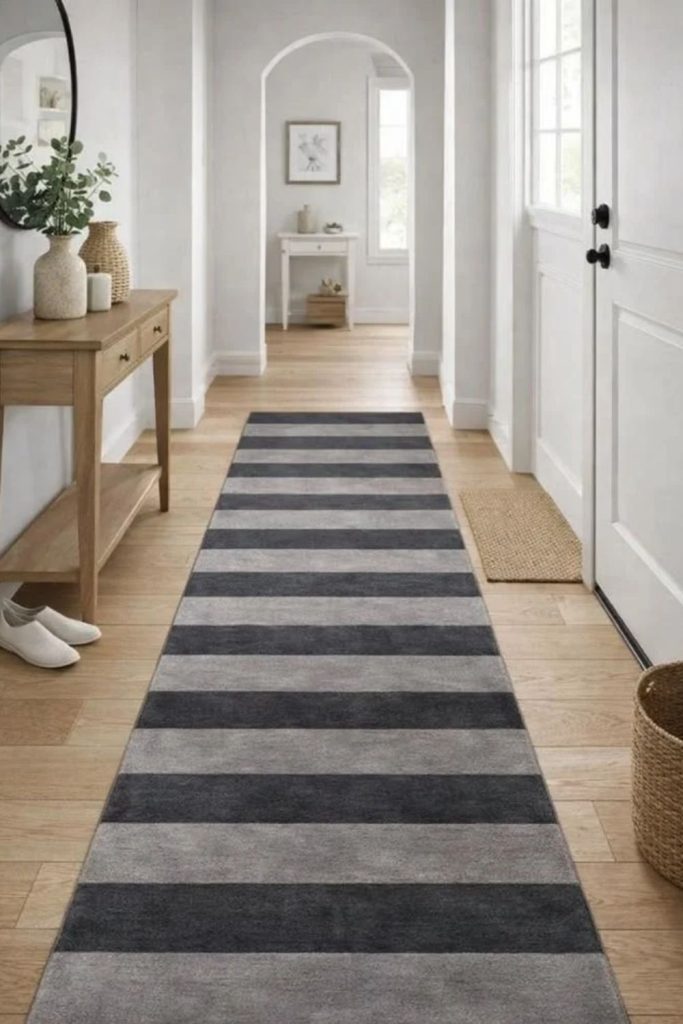 Charcoal striped modern hallway runner.