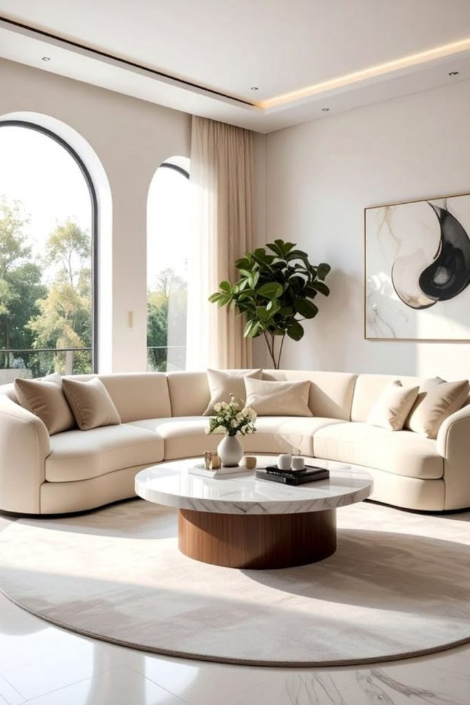 Modern crescent sofa in cream.