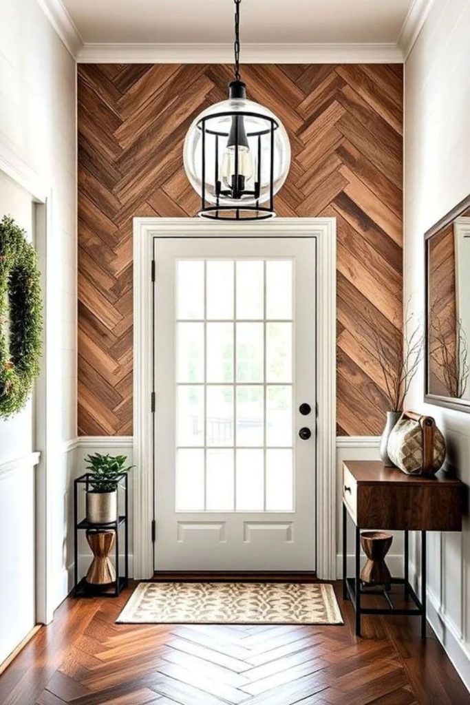 Modern farmhouse shiplap entryway with bench.