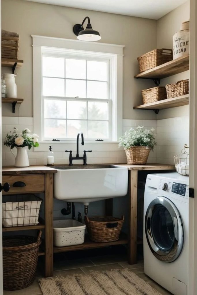 Modern farmhouse laundry room with storage.