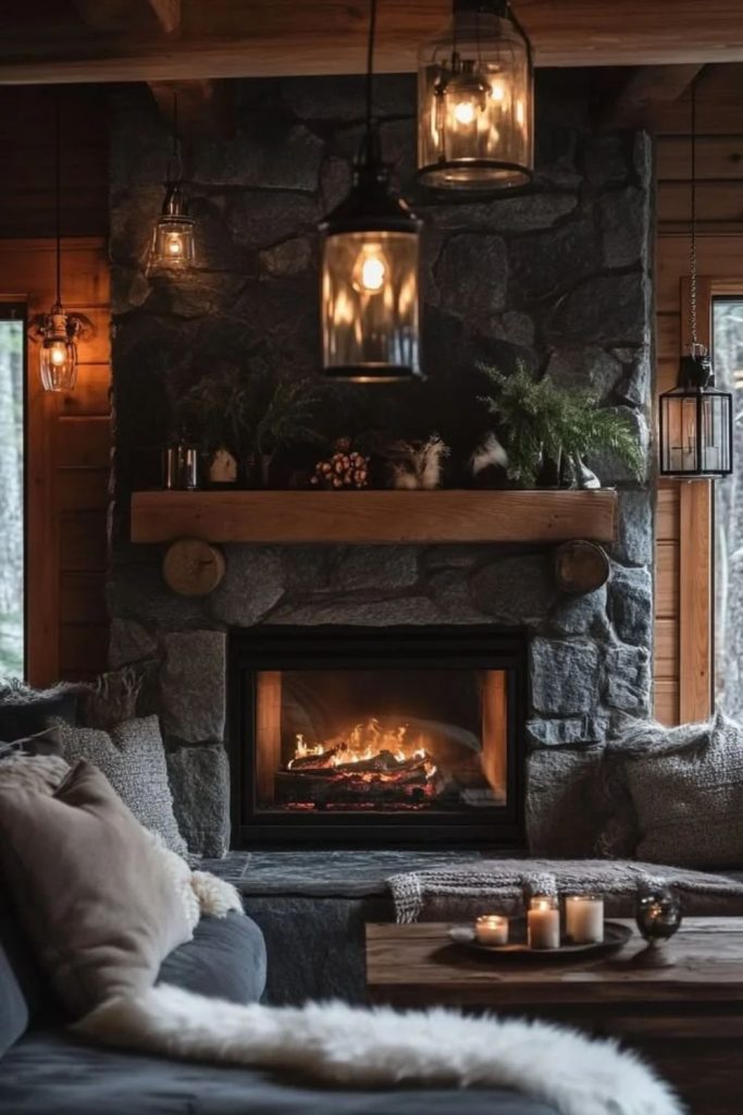 Modern fireplace living room with seating.