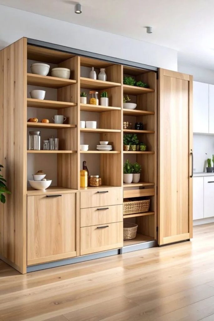 Modern oak pantry with sleek cabinetry.
