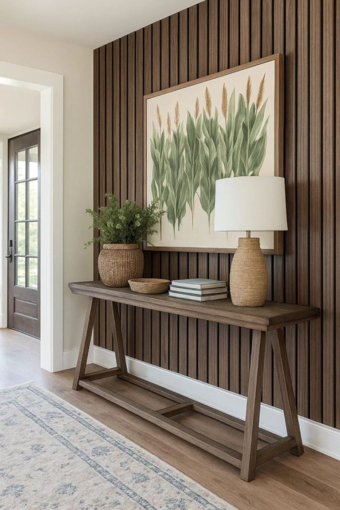 Modern vertical wooden slat wall paneling.