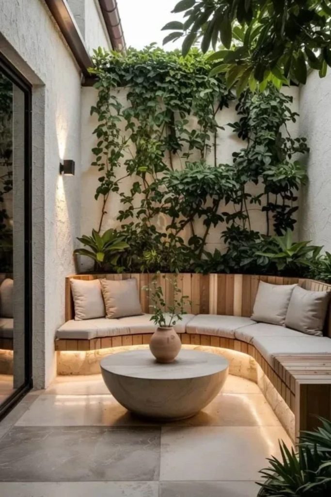 Minimal Zen courtyard with bamboo screening.