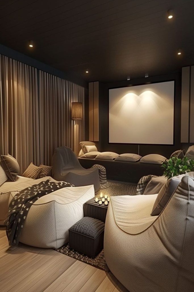 Sophisticated monochrome home cinema interior.