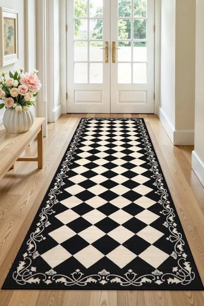Monochrome diamond hallway runner design.