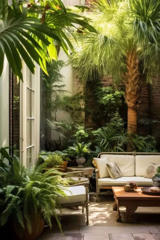 Monochrome green courtyard with layered foliage.