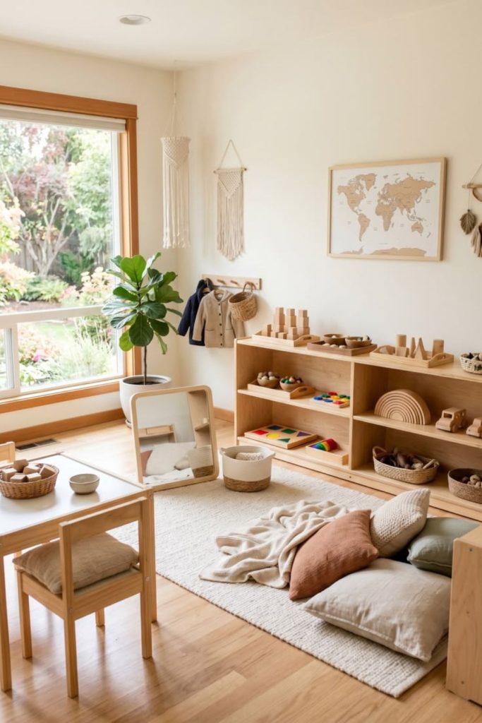 Montessori-inspired organized children's playroom.