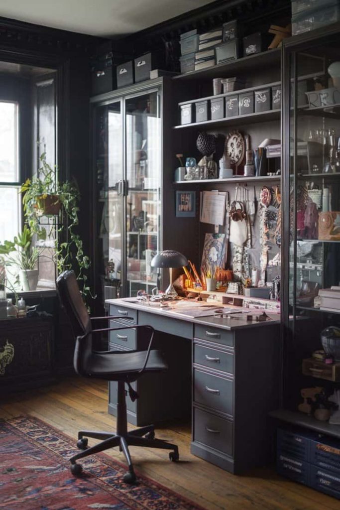 Moody artisan studio with dramatic walls.