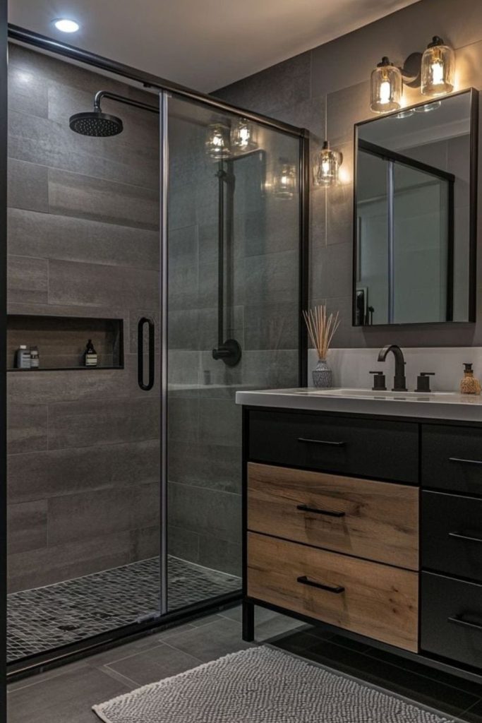 Dramatic charcoal modern ensuite bathroom.