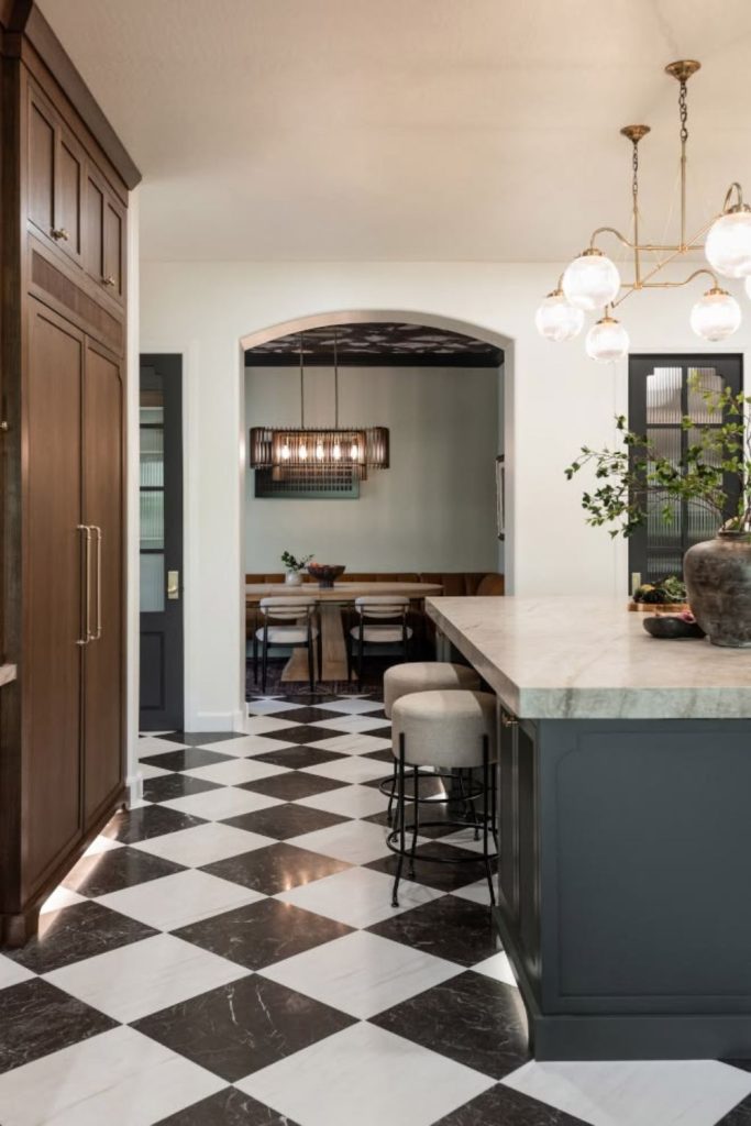 Moody charcoal gray checkerboard floor.