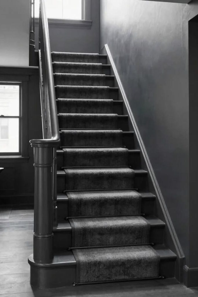 Moody charcoal stairs with timber steps.