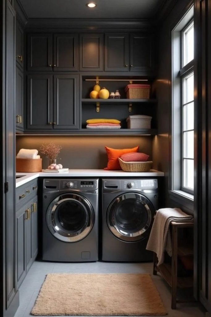 Moody charcoal utility room design.