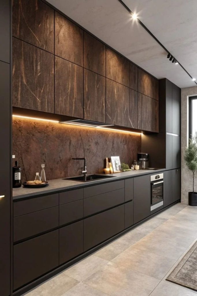 Moody monochrome chocolate kitchen interior