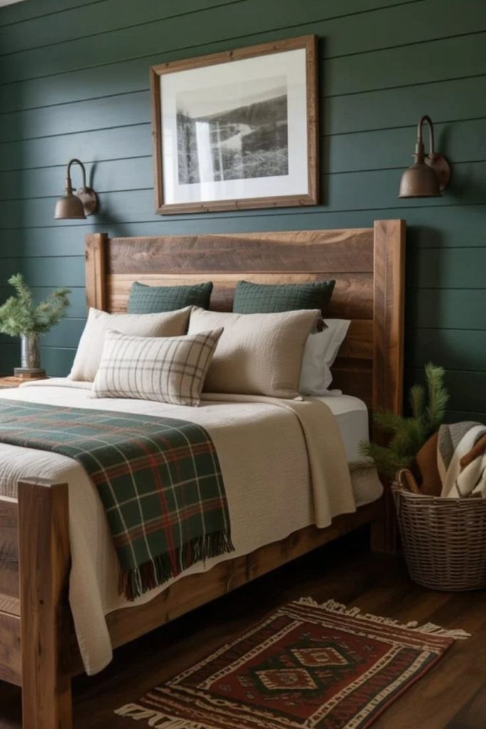 Moody forest green shiplap accent wall.