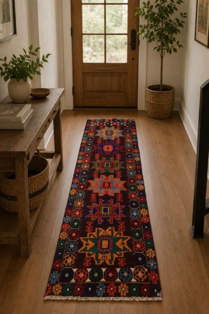 Rich jewel-toned hallway runner.