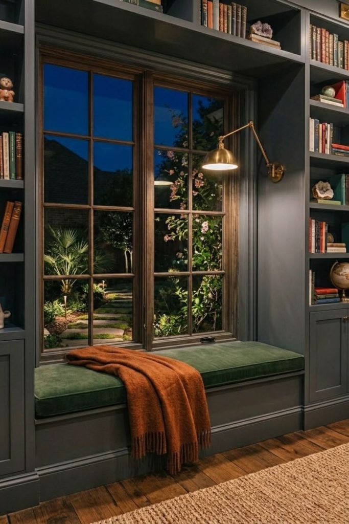 Moody bay window library nook.