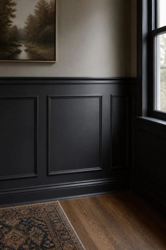Moody midnight dado rail wall.
