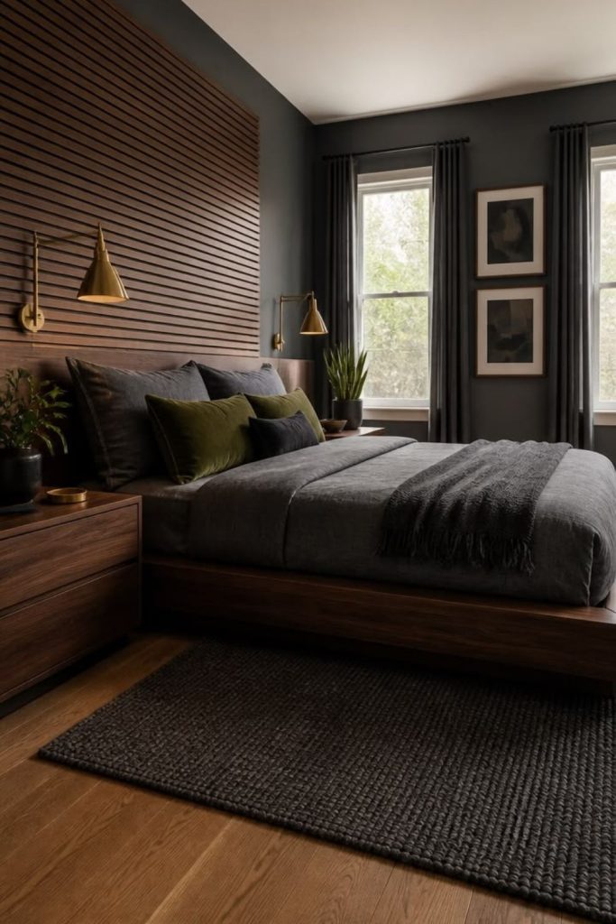 Moody Nordic bedroom with taupe walls.