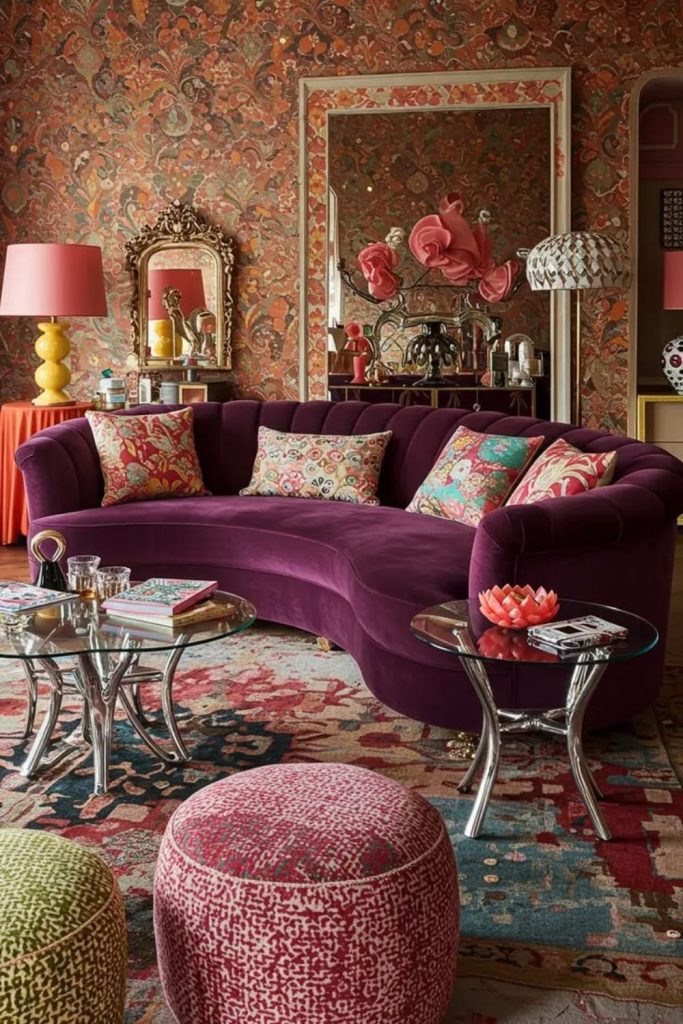 Moody plum curved sofa lounge.