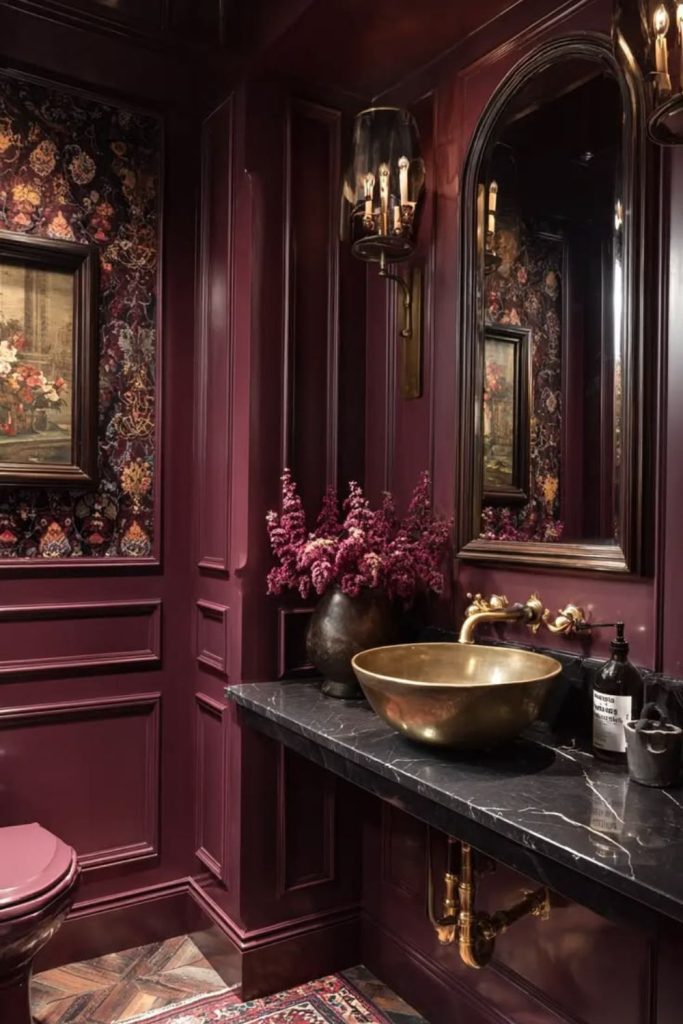 Moody plum powder room retreat.