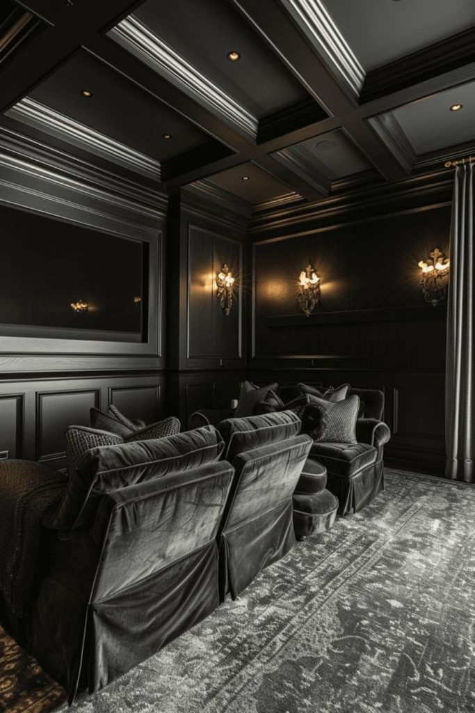 Moody velvet home cinema room.