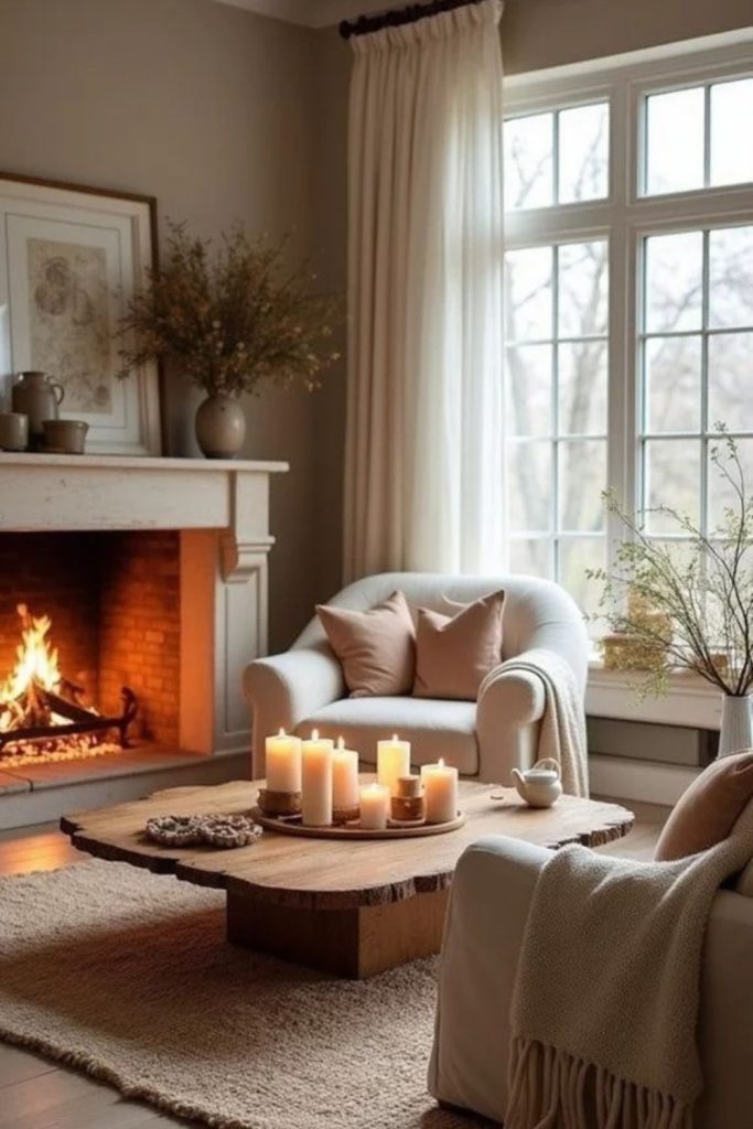 Hygge living room with cozy fireplace.