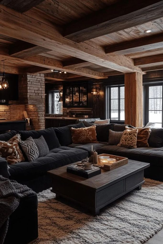 Moody charcoal winter living room decor.