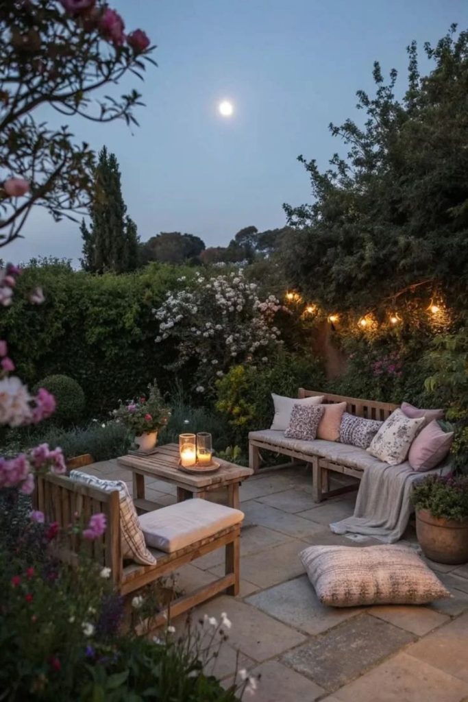 Moonlit courtyard garden with white flowers.
