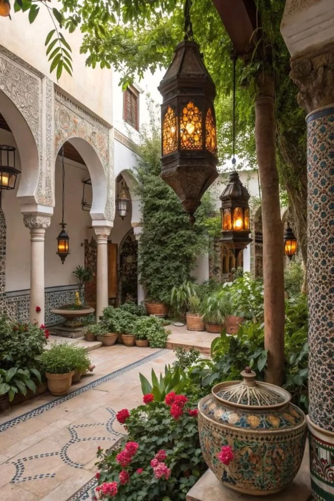 Moroccan courtyard with tiles and lanterns.