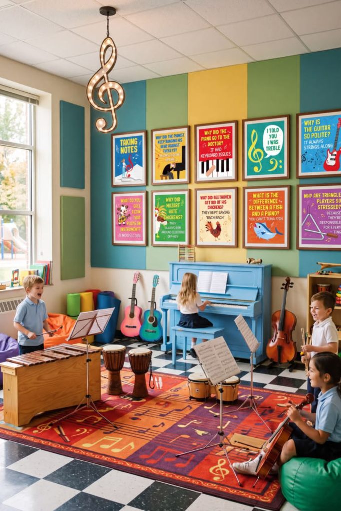 Musical instruments children's playroom setup.