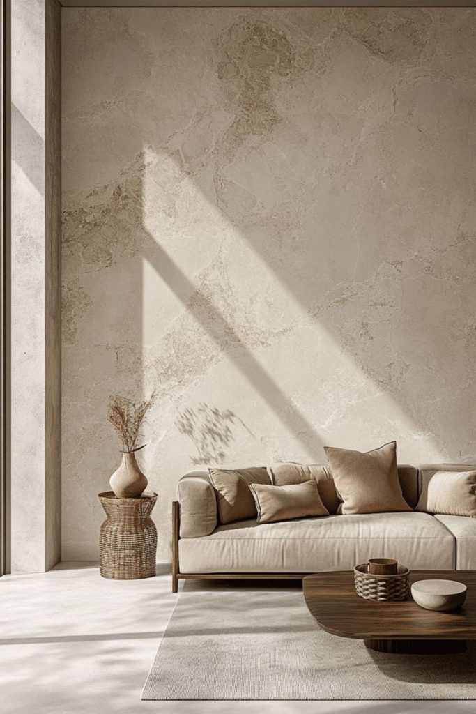 Natural hemp beige limewash wall.