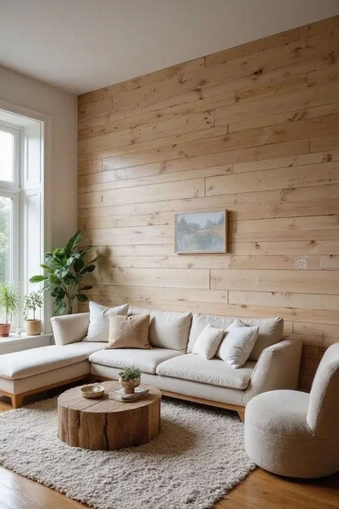 Natural oak shiplap wall with accents.