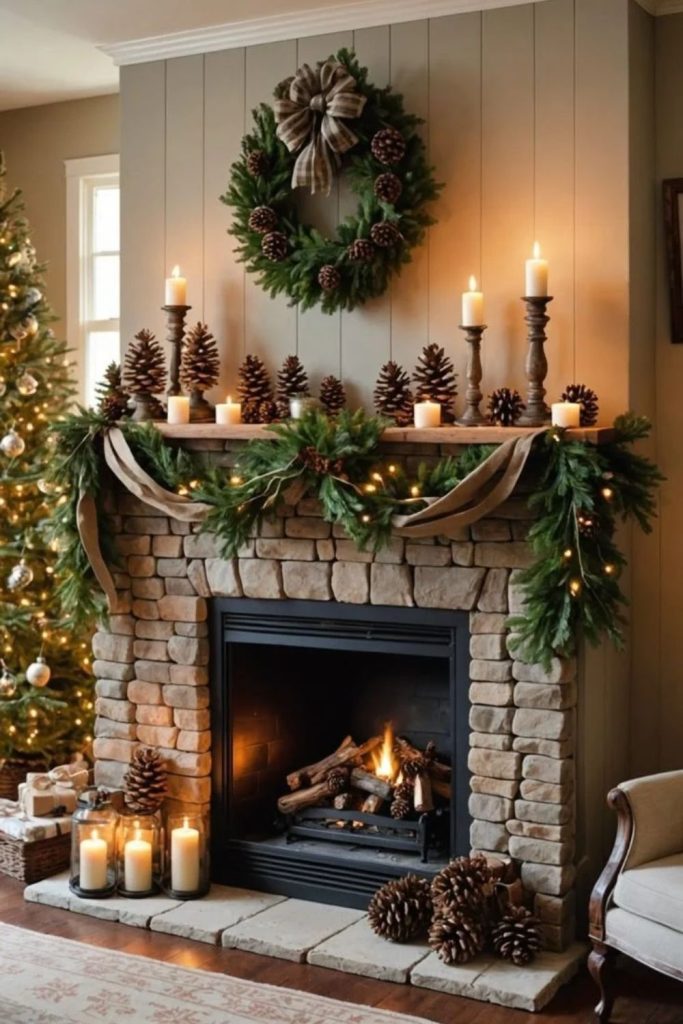 Natural pinecone Christmas mantel with garland.
