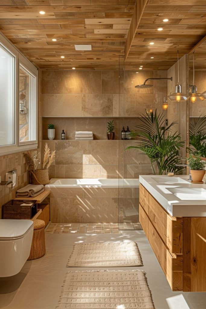 Cozy natural wood ensuite bathroom.