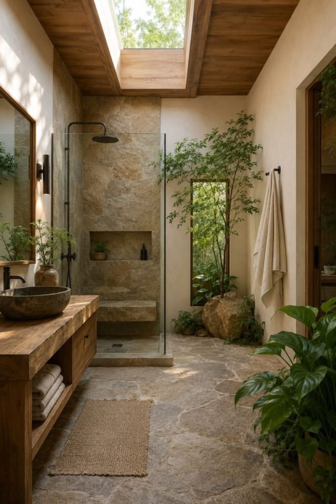Nature inspired green ensuite bathroom.