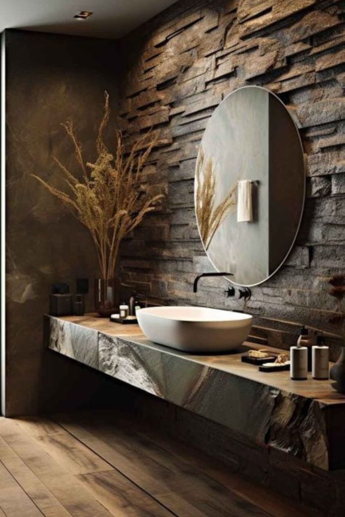 Nature-inspired stone powder room design.