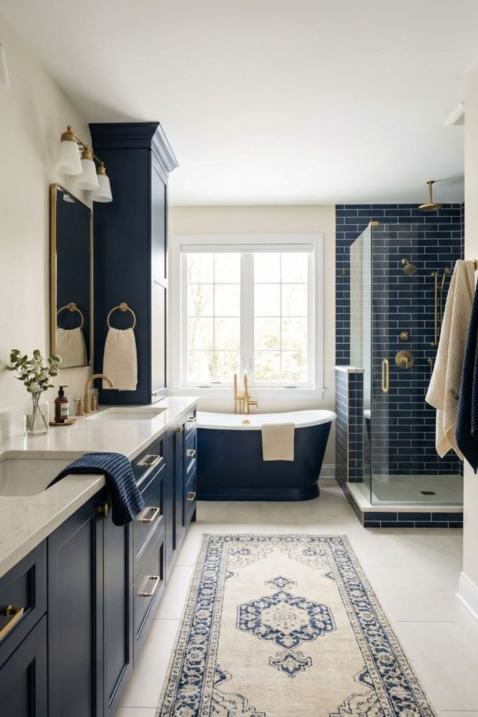 Sophisticated navy blue ensuite bathroom.