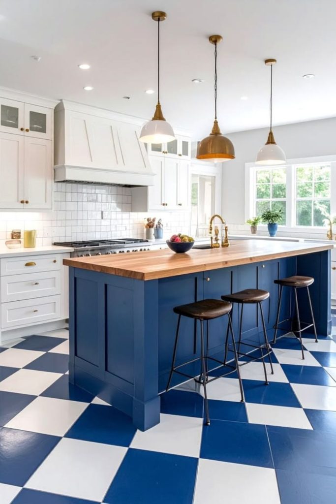 Navy cream coastal checkerboard tiles.