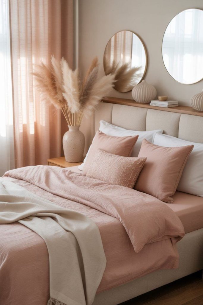 Nordic blush bedroom with soft accents.