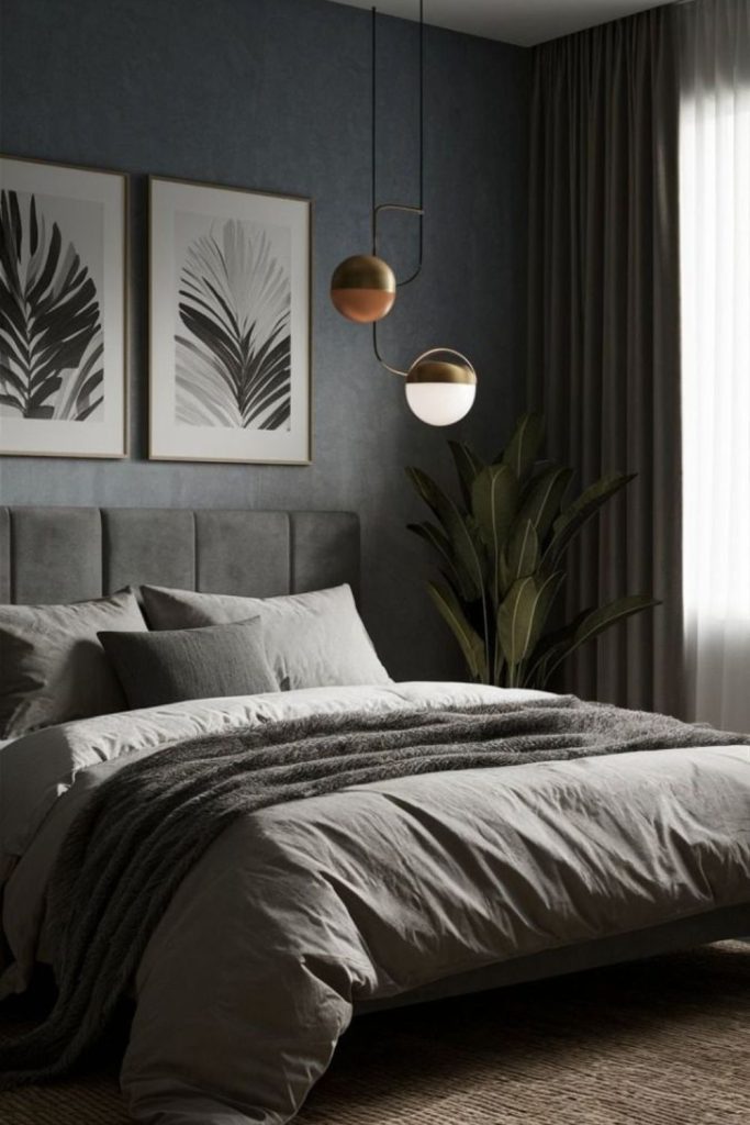 Charcoal Scandi bedroom with light furniture.