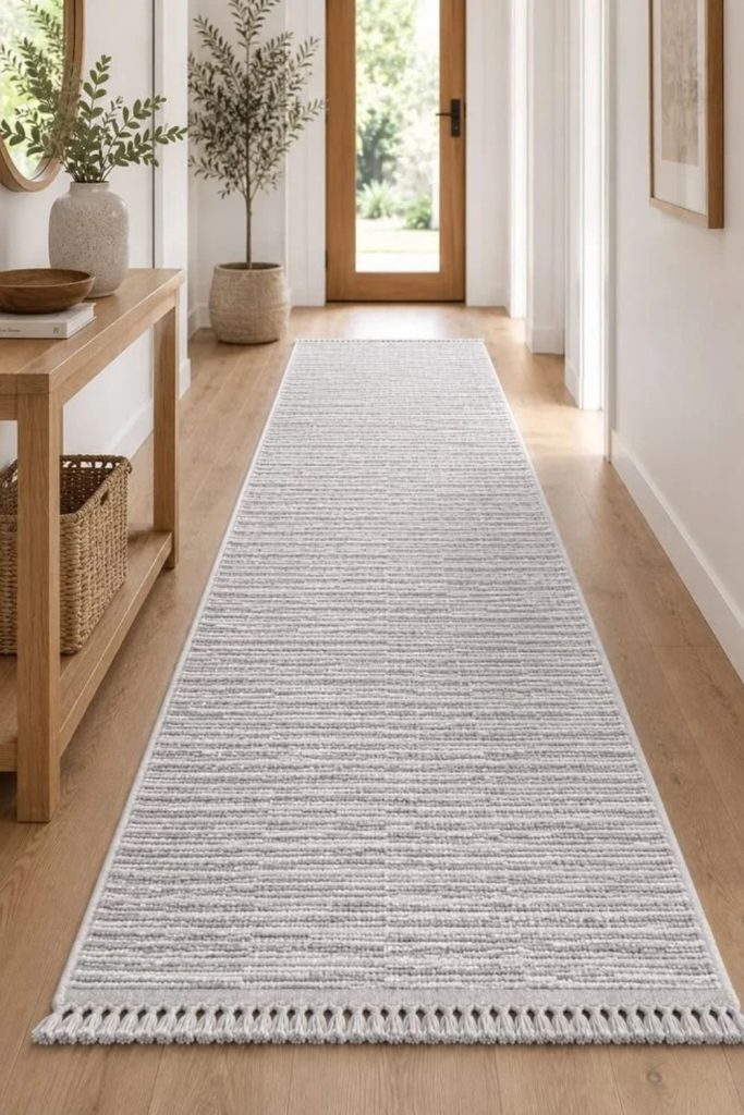 Soft neutral Scandinavian hallway runner.