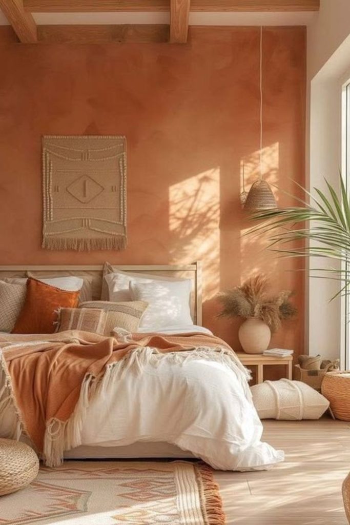 Nordic bedroom with muted terracotta accents.